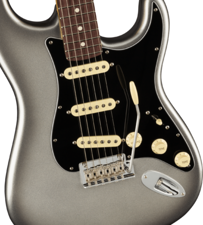 a black and white electric guitar