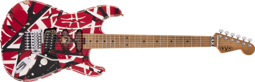 a red and white guitar