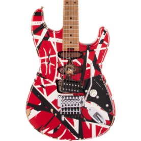 a guitar with a red and white design