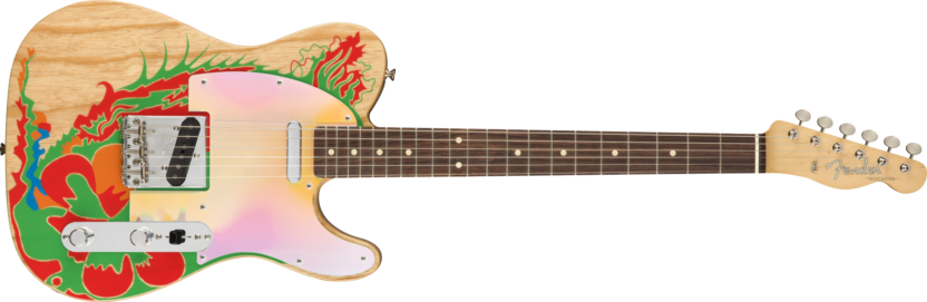 a guitar with a white and green neck