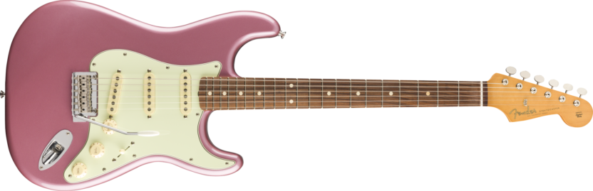 a pink electric guitar