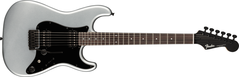 a black and white electric guitar