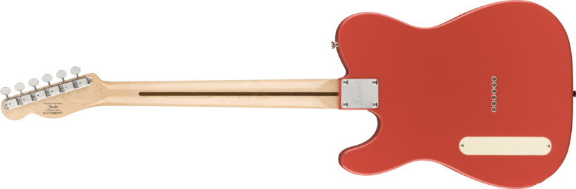 a red guitar with a white neck